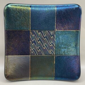 Vintage Barrett Fused Glass Iridescent Plate or Trinket Dish. Signed.